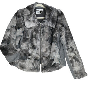 Cabi Faux Fur Bomber Jacket Women Medium Gray Fuzzy Wide Collar Full Zip Pocket